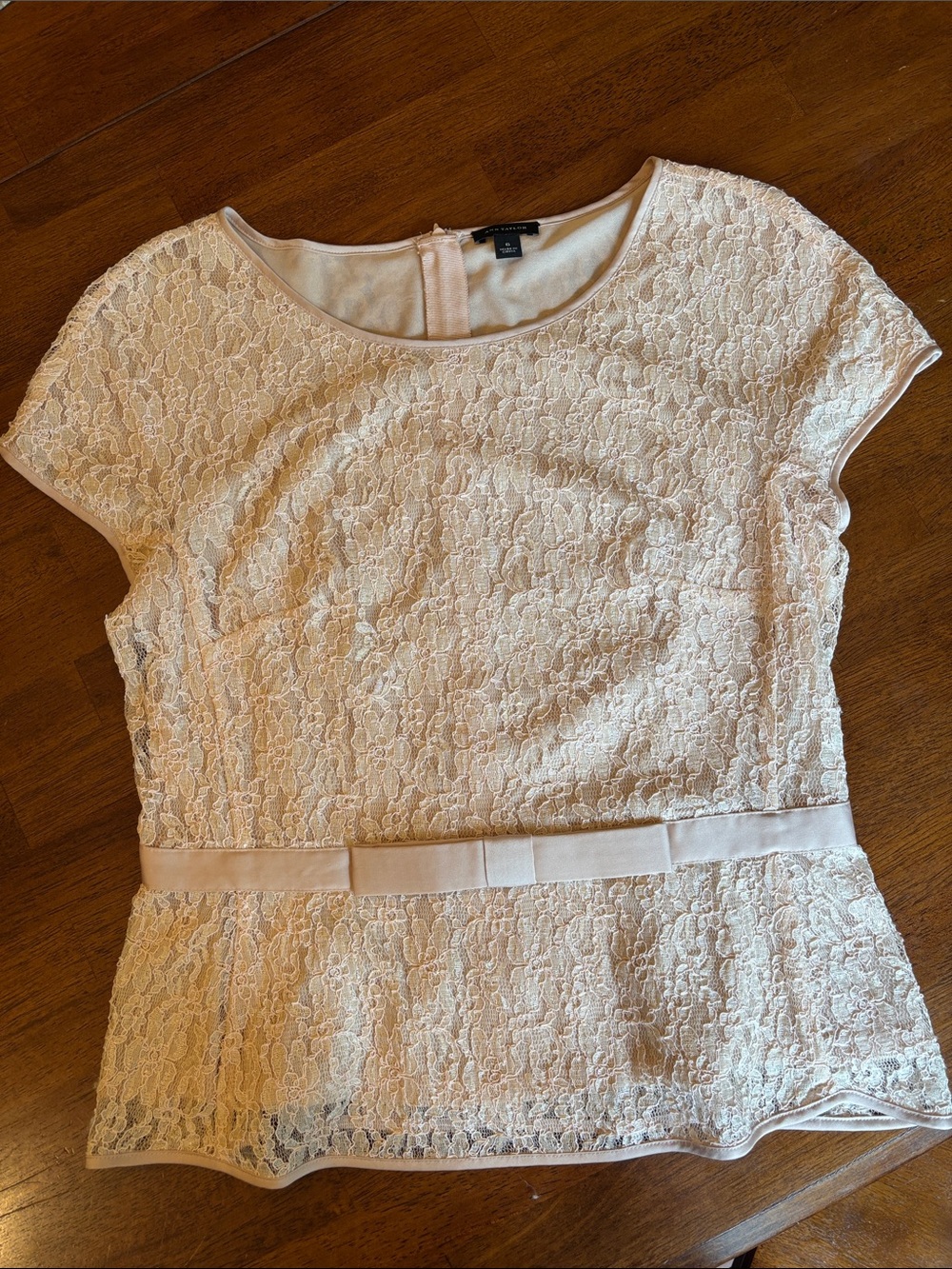 Ann Taylor Blush Lace Peplum Top with Ribbon Waist Bow